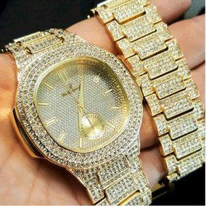 Gold PT Full iced out watch, bracelet Luxury Set